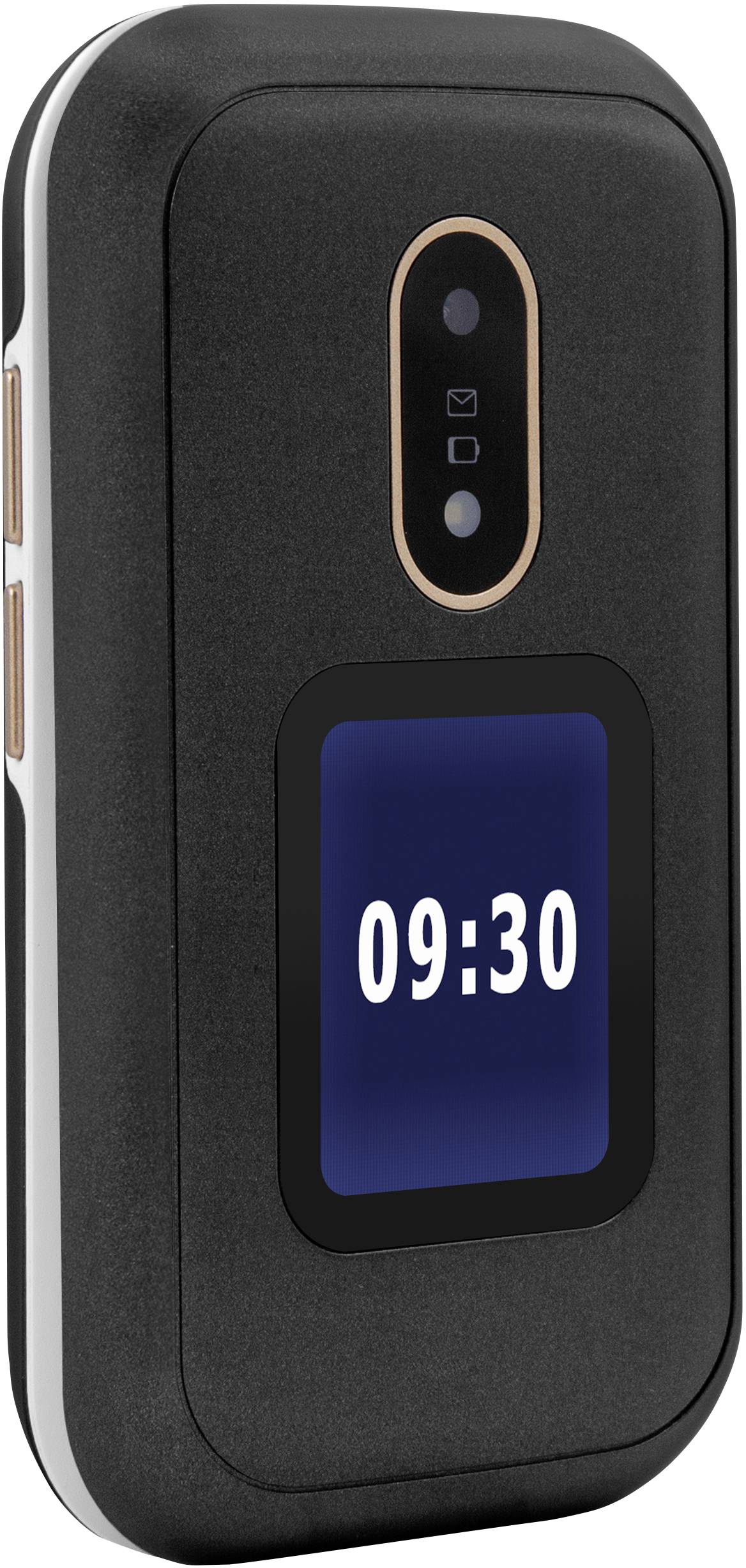 A black flip mobile phone with a camera module and an illuminated external display showing the time '09:30'.