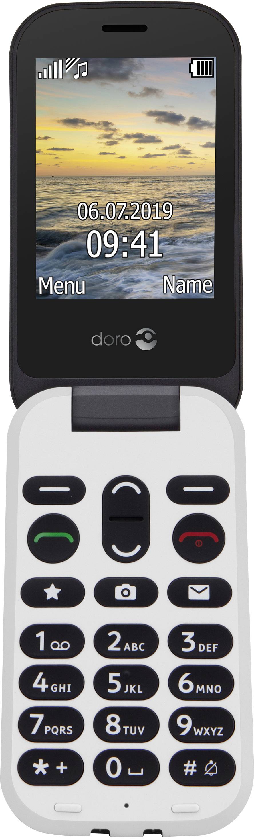A flip phone with a large display shows the date '06.07.2019' and the time '09:41'. The keys are labelled with numbers and symbols.