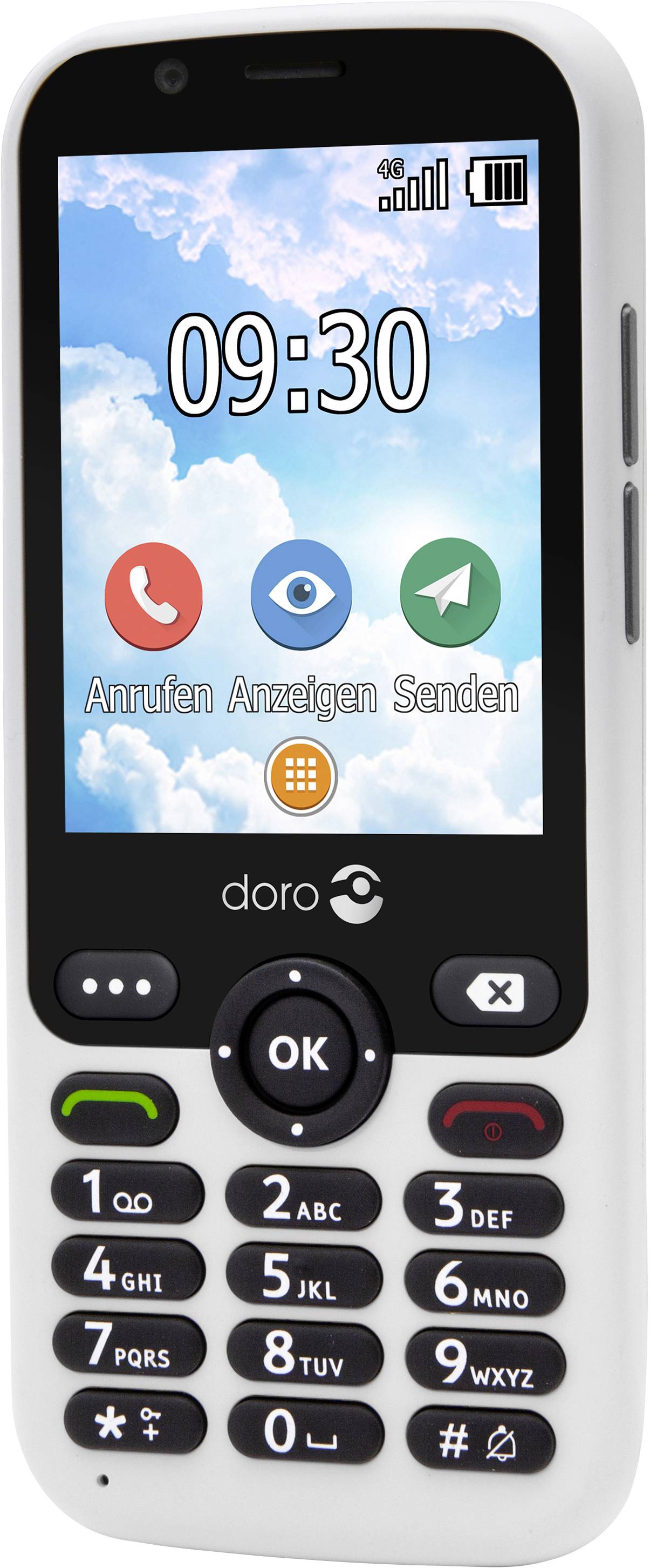 Senior mobile phone with large display, high-contrast user interface and buttons; apps for calls, messages and camera clearly visible.
