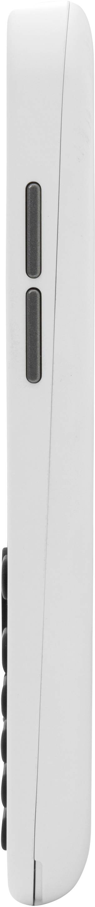 Side view of a white remote control with two black buttons.