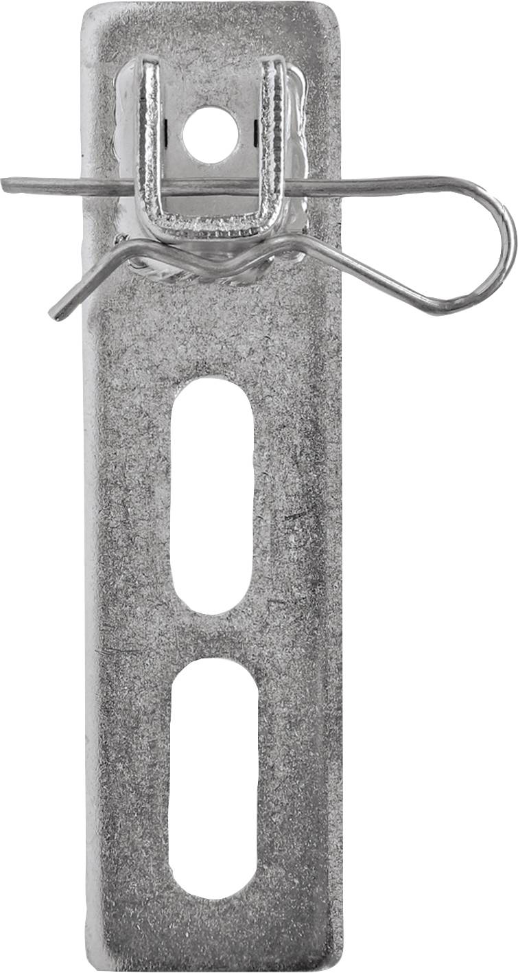 Metal mounting bracket with two holes; a slot for variable attachment and a small hole with wire closure.