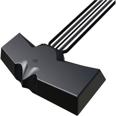 A black plastic hand-form powder blower with dual blast head and four perforated tubes for use in various scenarios.