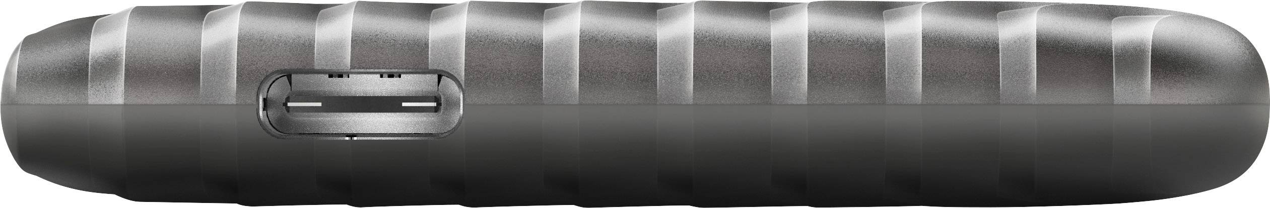 A hard drive in a sealed enclosure, with horizontal grooves, and a USB-C port on the front panel.