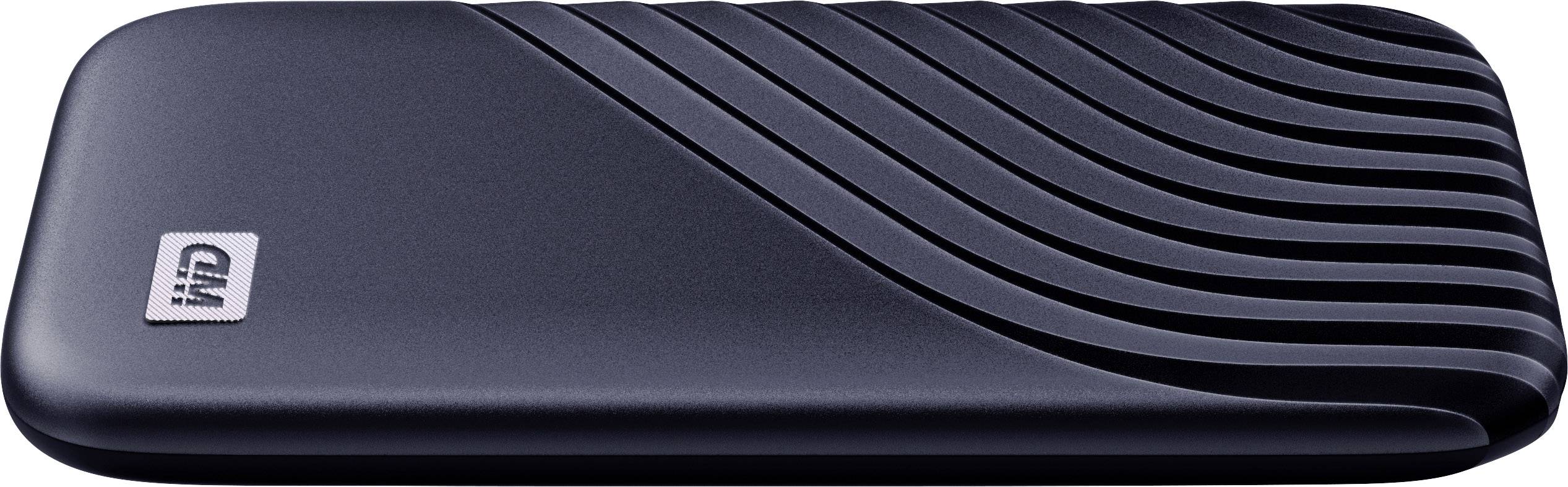 External hard drive with a textured surface, black casing, and 'WD' logo on the top side.