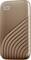 Portable hard drive in bronze with an arched striped pattern, compact and modern in design; logo positioned in the corner.