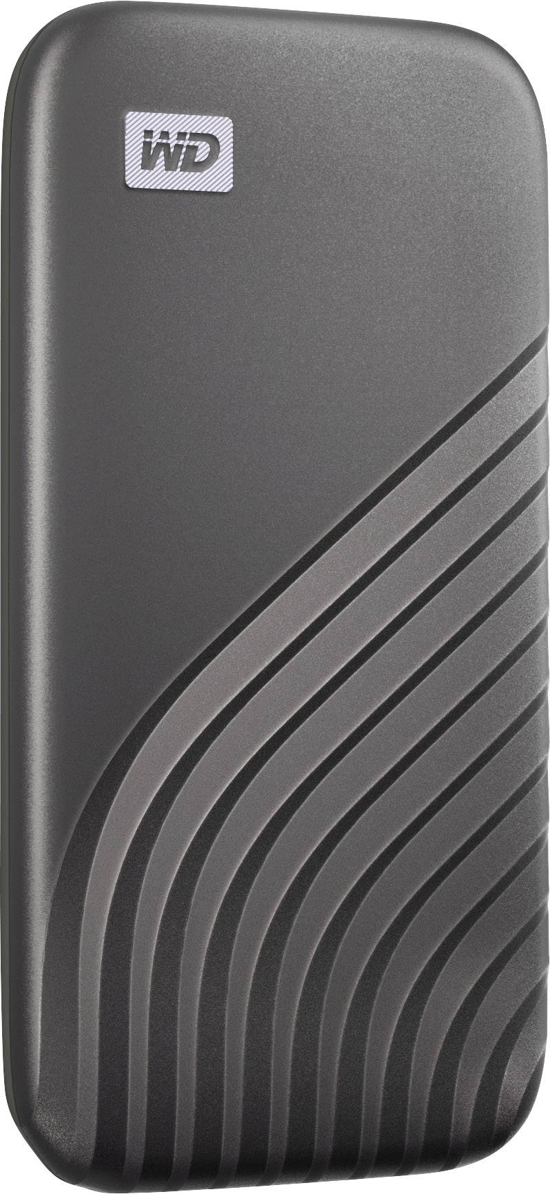 Western Digital external hard drive with a black, curved design and a logo in the top left corner.