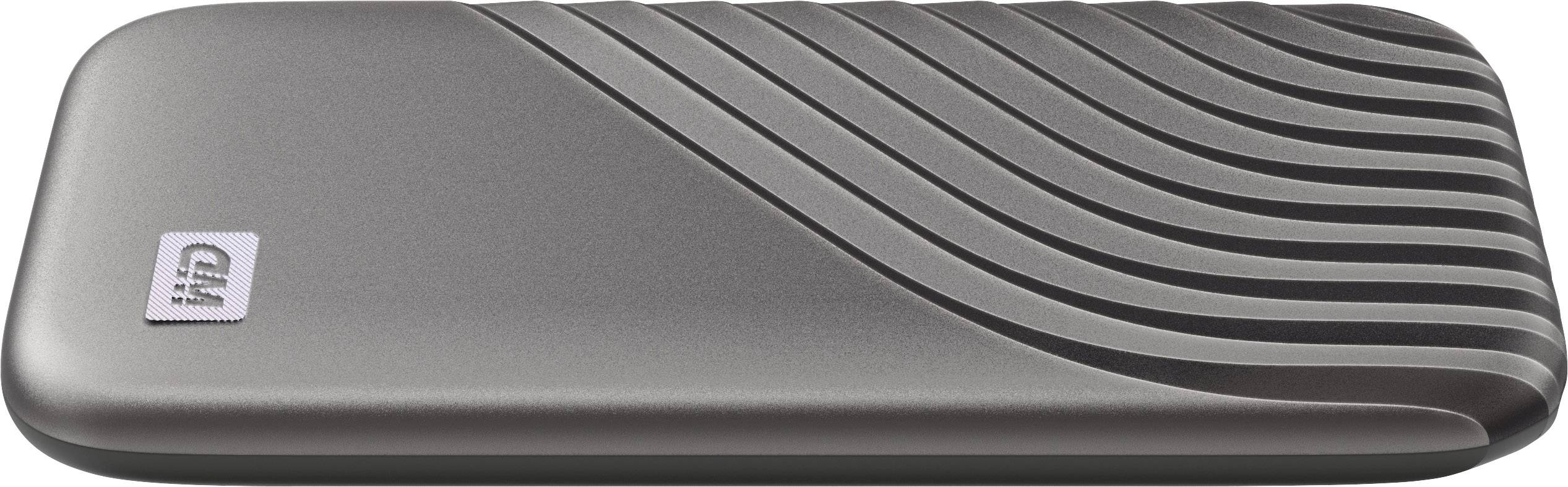 An external hard drive with a sleek, modern design in grey with black grooves on the upper half. The brand logo is visible.