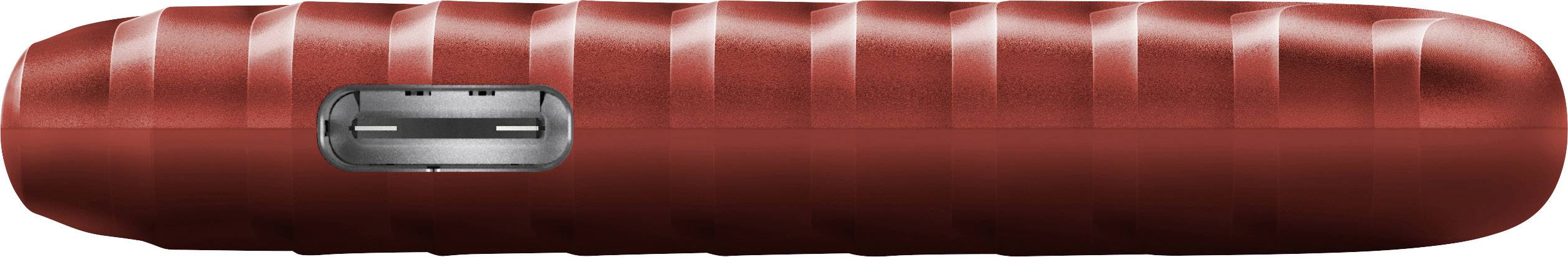 Portable, red plastic torch with textured grip and black button; side view.