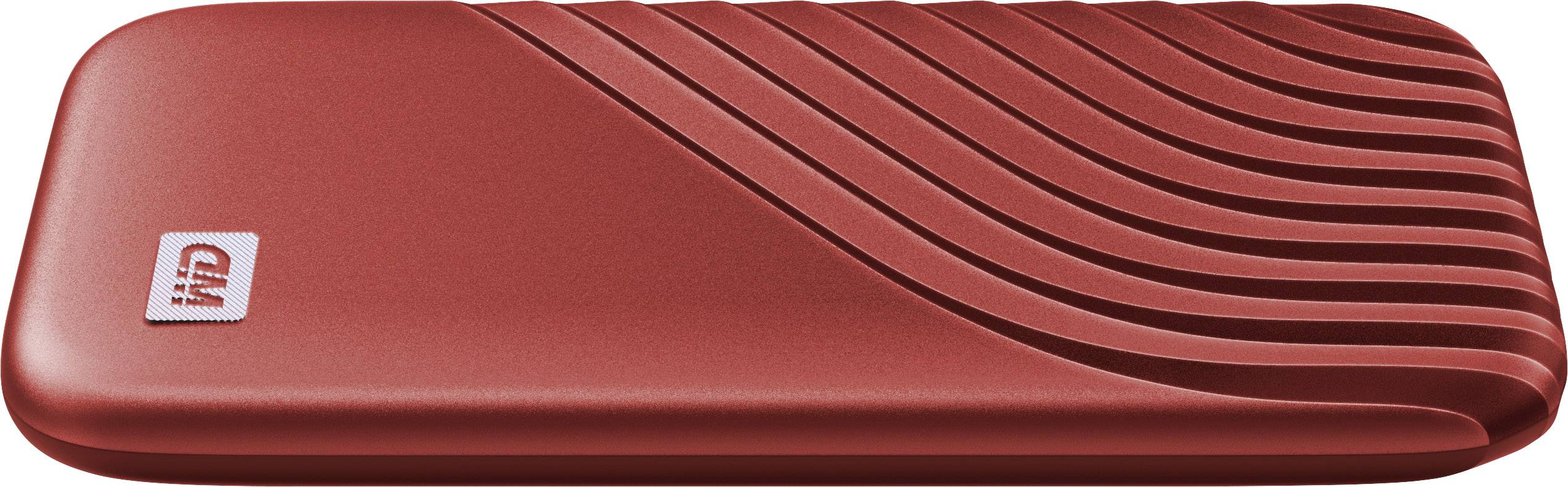 Red external hard drive with a modern, wave-like design on the top surface. Brand logo in the corner.