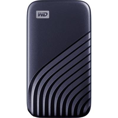 External hard drive in glossy black with a curved linear pattern and logo in the corner.