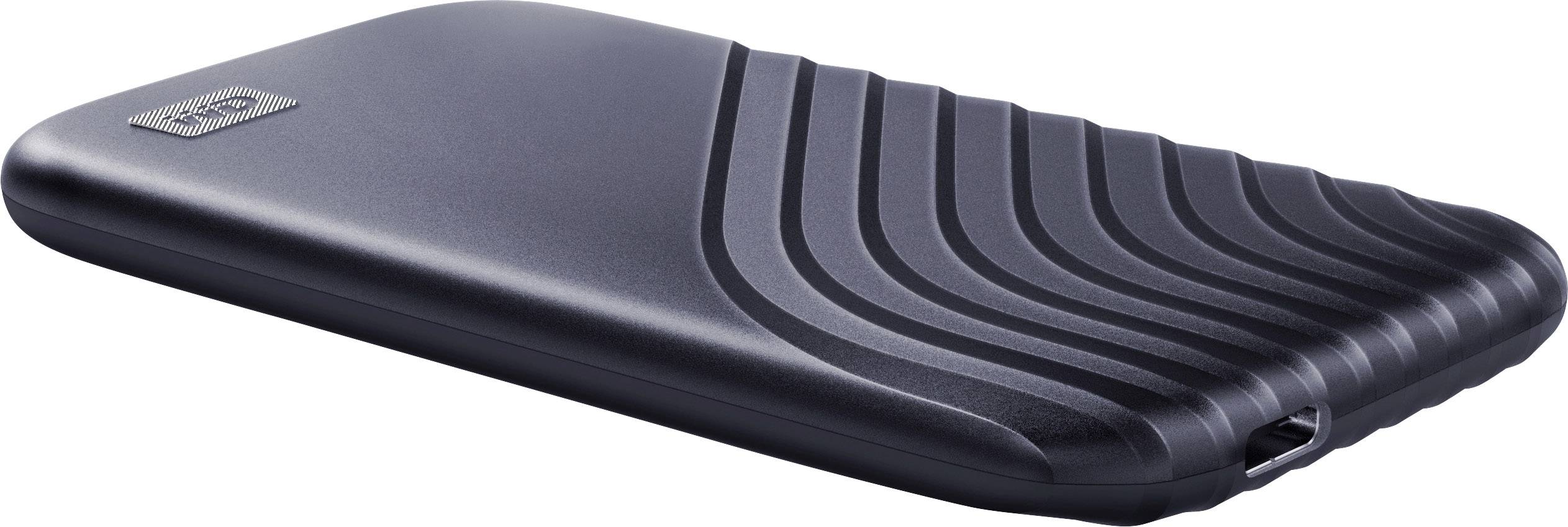 Black external hard drive, slim design with a curved surface structure.