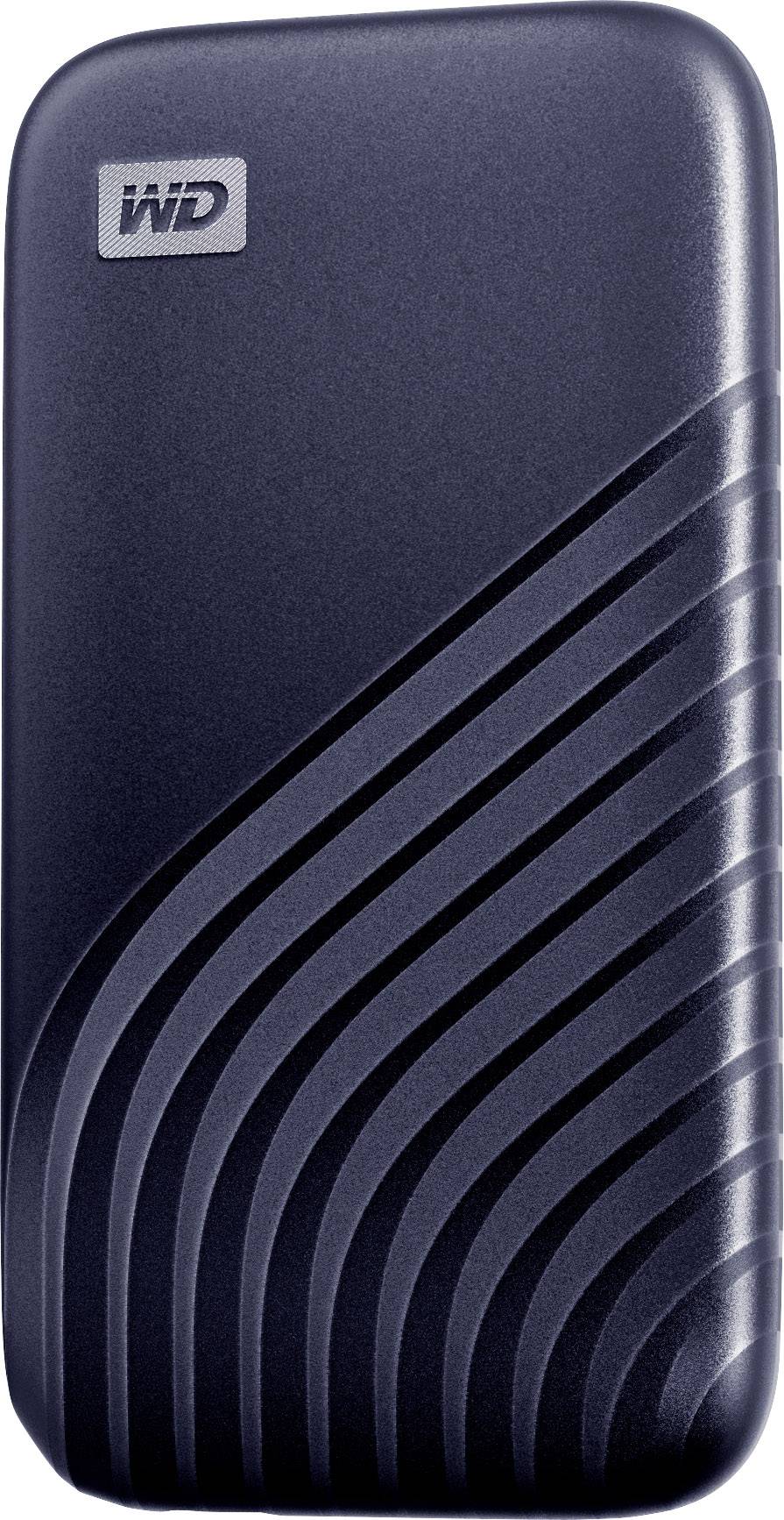 External SSD hard drive with blue housing and diagonal stripe design, suitable for data storage and backup.