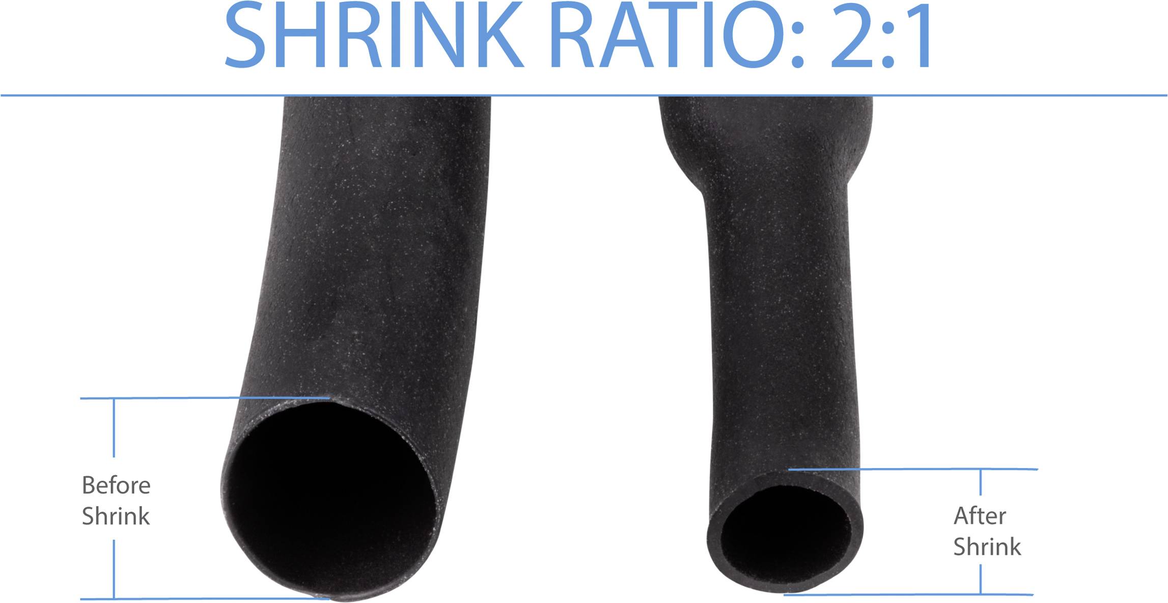 'Heat-shrink ratio: 2:1', showing two black heat-shrink tubes, on the left before shrinking, on the right after shrinking.