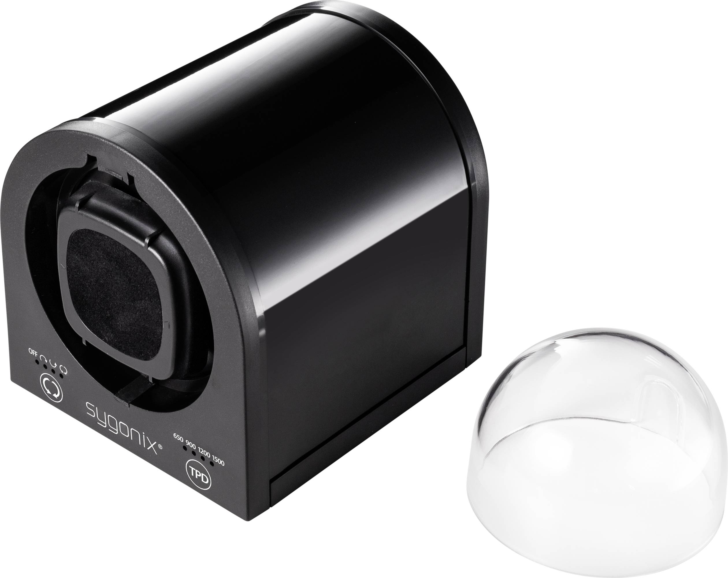 A black, semi-circular electric razor with a removable transparent plastic cover on a white background.