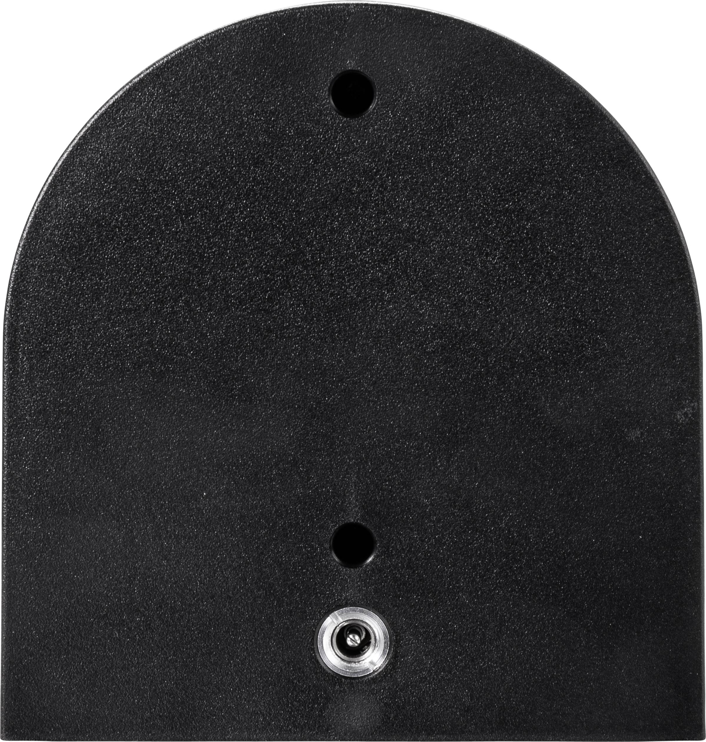 A black, curved plastic component with two holes and a round metal connector at the lower centre.