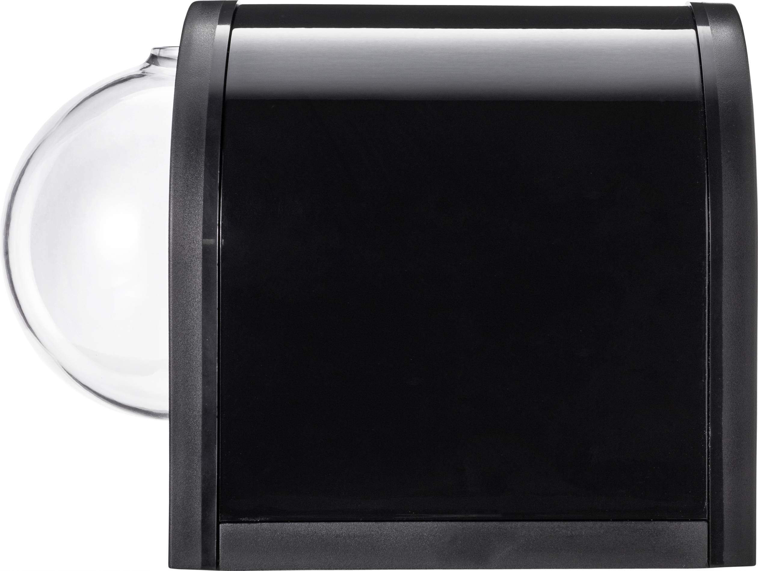 A stylised, black motion sensor with a transparent, hemispherical cover on its left side.