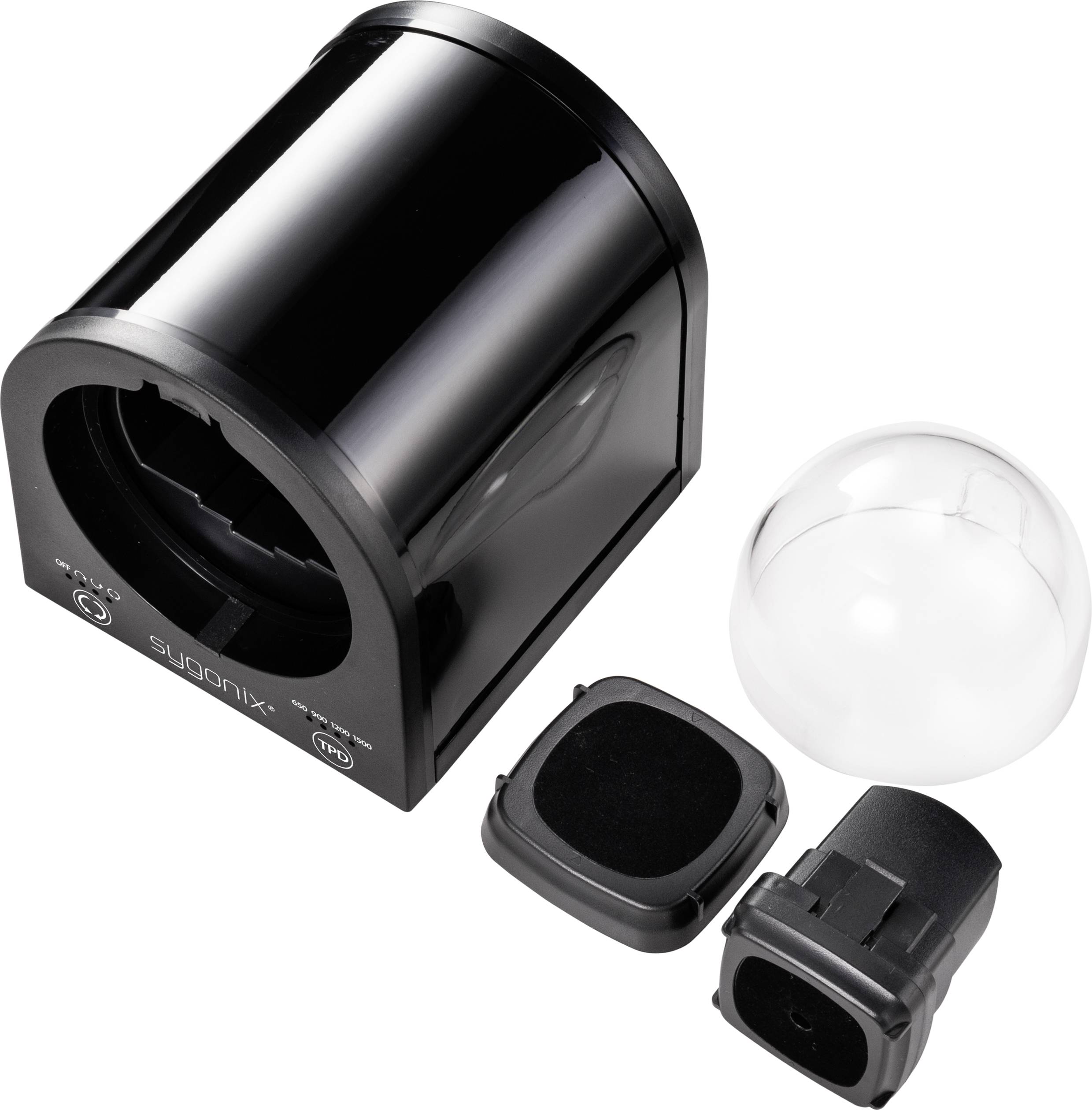 A surveillance enclosure with a transparent dome and accessories, suitable for camera installation. Ideal for indoor and outdoor monitoring.