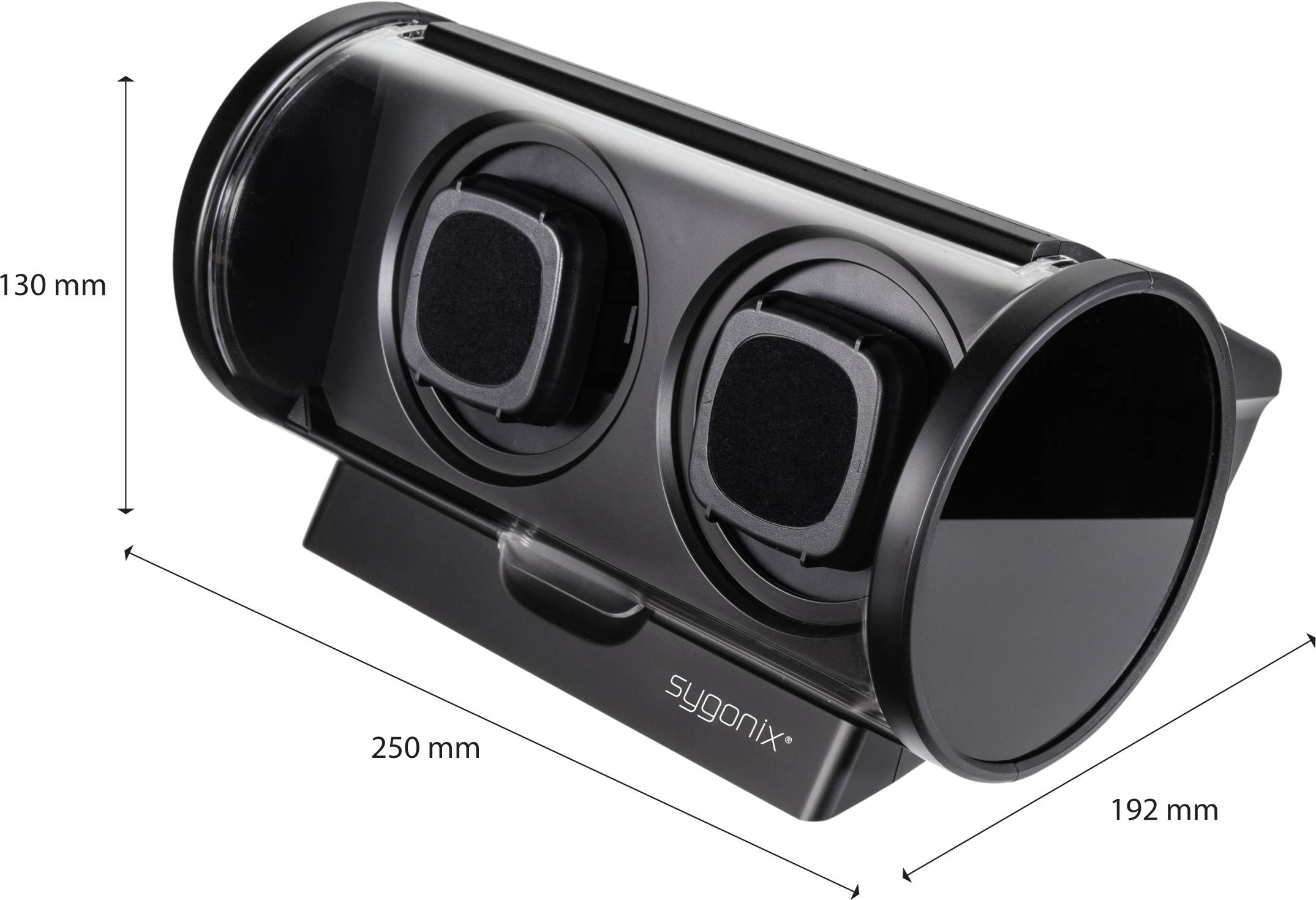 Black Sygonix ventilation duct adapter measuring 250 mm x 130 mm x 192 mm, suitable for ventilation systems.