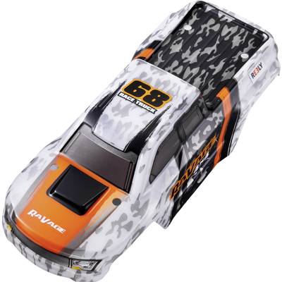 Toy racing car with camouflage pattern, orange accents and the number '68' on the roof. 'Ravage' lettering on the side.