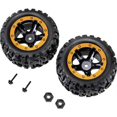 Two black wheels with an orange ring and coarse tread, accompanied by two screws and two nuts. Suitable for toy vehicles.