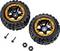 Two black wheels with an orange ring and coarse tread, accompanied by two screws and two nuts. Suitable for toy vehicles.