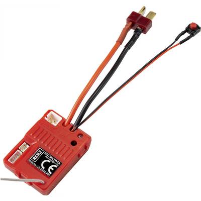 Red electronic device with multiple cables and plugs, possibly a battery adapter or a control unit for model building.