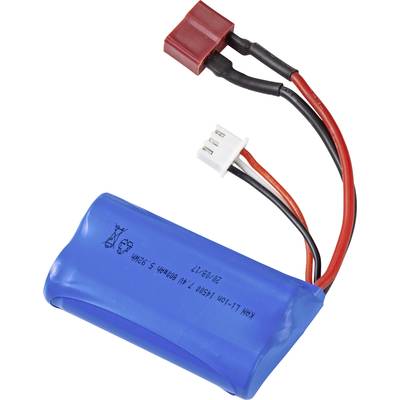 Blue lithium-polymer battery with cables and connectors, typically used in electronic devices or RC vehicles.