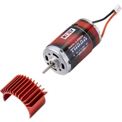 A red electric motor with 'Turbo' printed on it and a red cooling component. The motor has connection cables and a round metal axle.