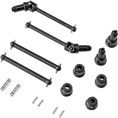 Several black vehicle parts and mounting elements on a white background. Parts for model building or vehicle repair.