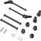 Several black vehicle parts and mounting elements on a white background. Parts for model building or vehicle repair.