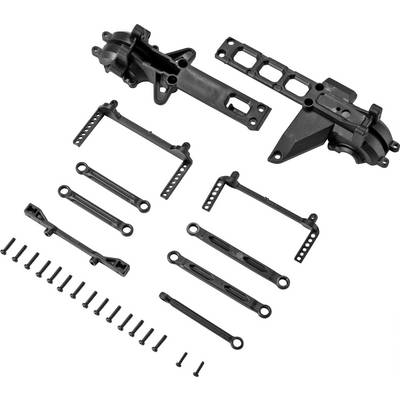 Several black plastic parts and screws intended for assembling an RC vehicle, set against a white background.