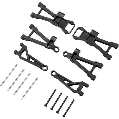 Six black plastic parts and eight screws, possibly individual components of a model kit or technical assembly set.