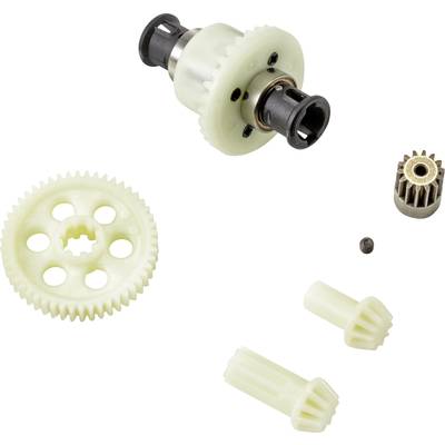 Set of gears consisting of several differently sized cogwheels, a screw, and a ball, on a white background.
