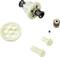 Set of gears consisting of several differently sized cogwheels, a screw, and a ball, on a white background.