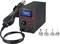 Hot air soldering station with digital display showing 300°C. Four different nozzles are placed beside it. Device for soldering electronics.