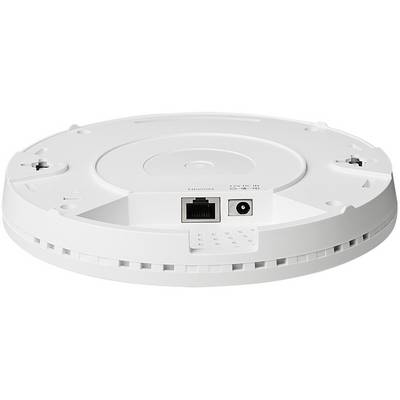 A white, round Wi-Fi ceiling router with Ethernet and power connections on the underside.