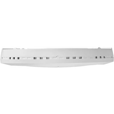 A white smoke detector mounted on a ceiling is designed to provide safety by detecting smoke and raising an alarm in case of danger.