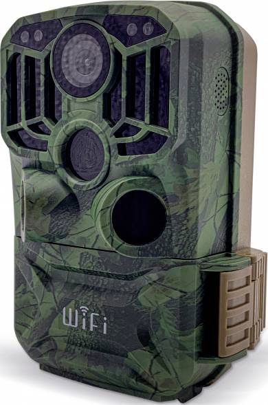 Camouflage wildlife camera with WiFi display, suitable for outdoor use, for animal monitoring or security purposes.