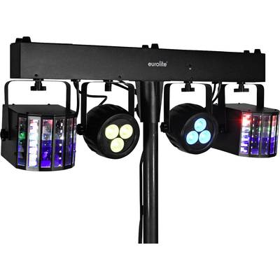 Four colourful stage lights on a stand, illuminating in blue, red, green, and yellow.