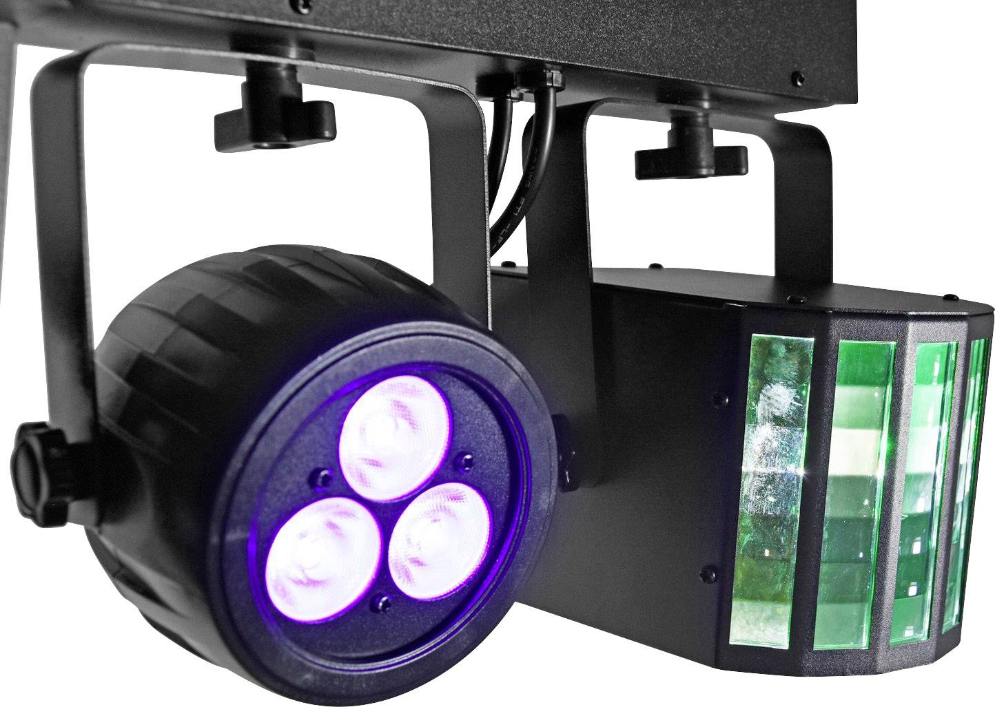 A LED lighting effect device with multiple coloured beams, designed for stage and party lighting.