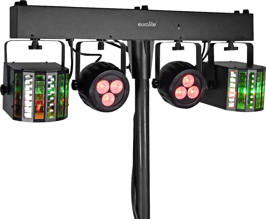 Lighting fixture with multiple lamps, including red and green lights, mounted on a black stand. Brand name 'eurolite'.