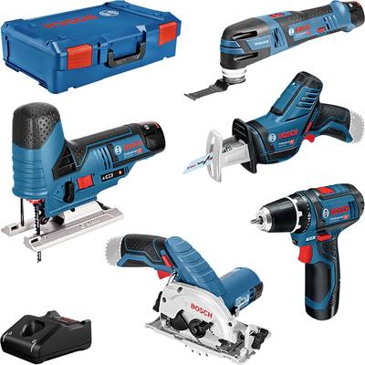 A set of six blue Bosch electric power tools, including a jigsaw, oscillating multi-tool, drill and circular saw, with charger and case.