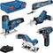 A set of six blue Bosch electric power tools, including a jigsaw, oscillating multi-tool, drill and circular saw, with charger and case.