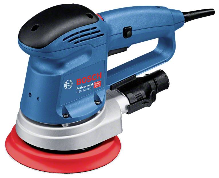 A blue Bosch professional random orbital sander with a red sanding pad, designed for smooth finishing, is shown in close-up.