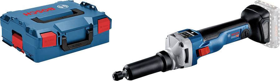 Bosch cordless straight grinder and transport case in blue and red. The device is cordless and suitable for precise grinding.