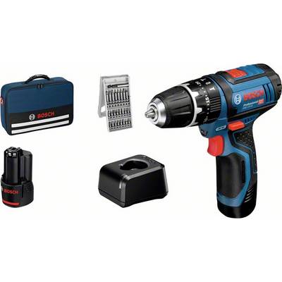 Cordless drill set with drill machine, charger, battery, bit set and carry case. 'Bosch' branding visible on all components.