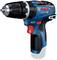 A blue cordless drill with a black handle and red accents by Bosch, designed for professional use.