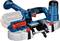 Battery-powered electric saw with an ergonomic handle, blue casing and outstanding cutting bar, suitable for precise cutting.