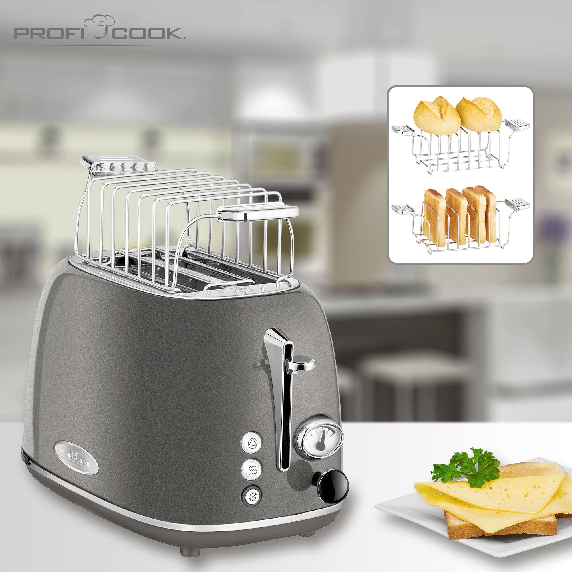 A toaster in a modern kitchen demonstrating various toast browning levels. Toast slices garnished with herbs on the plate.
