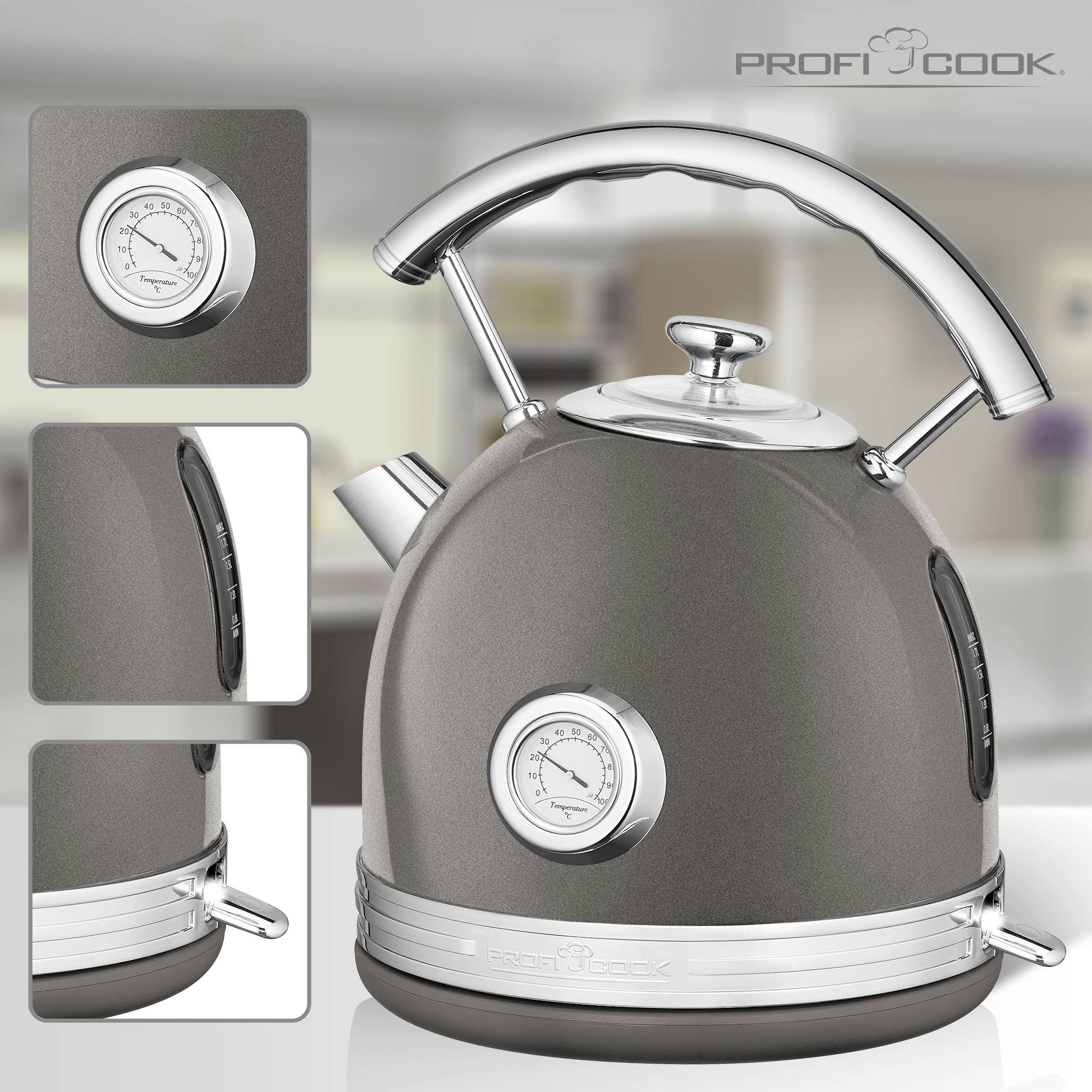 Electric retro-style kettle in grey with temperature display, silver handle and spout. Setting: modern kitchen.